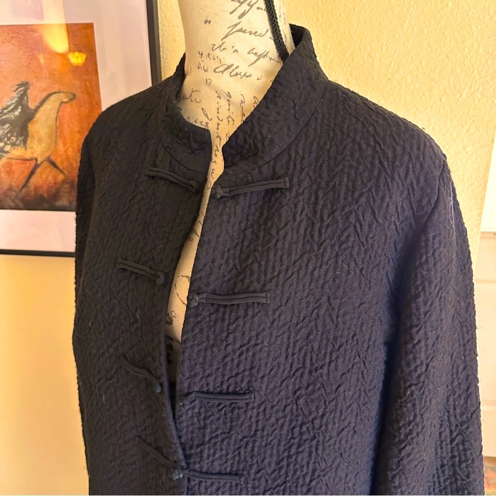 Eileen Fisher Asian Styled Black Textured Linen & Wool Coat